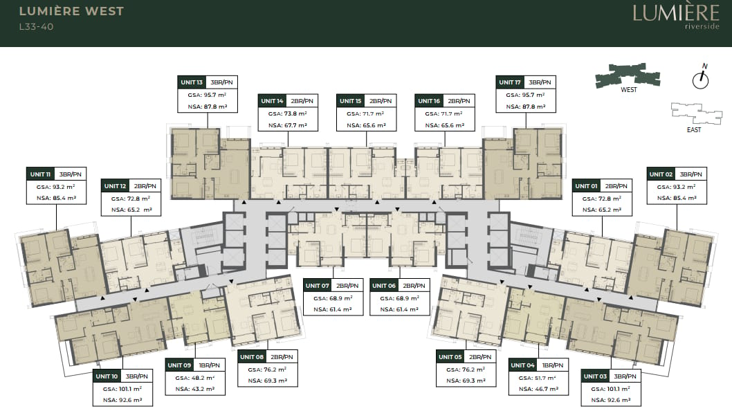 Các căn hộ tại tòa West Lumière Riverside có diện tích bao nhiêu mét vuông? 